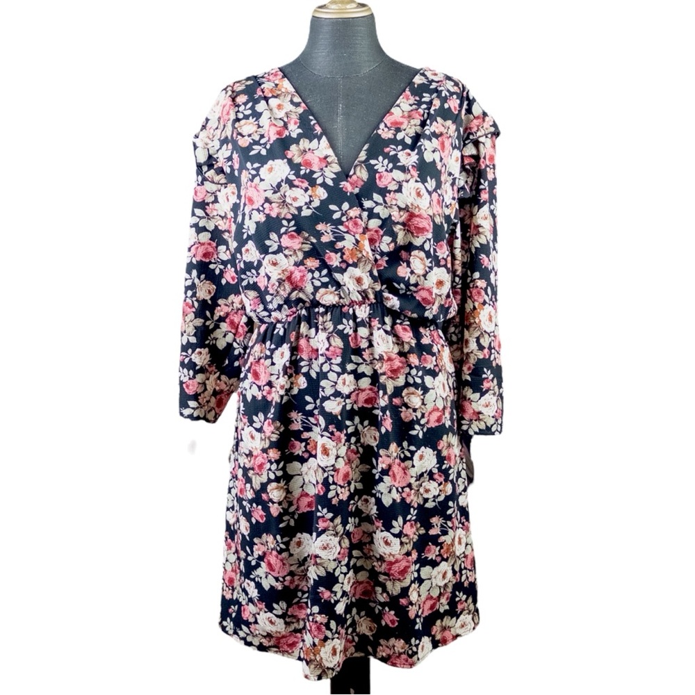 Fraiche by J Mini Dress Floral Roses 3/4 Sleeve Ruffle Shoulder Black Pink Large